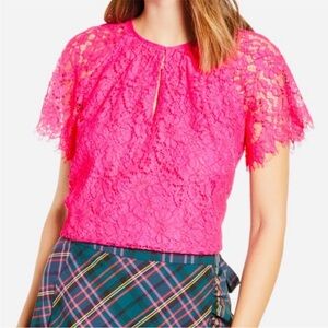 J Crew Short Sleeve Lace Top Lined Blouse Pink Small Petite Pink Flutter Sleeves